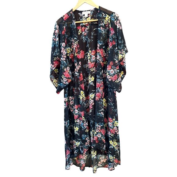 Band of Gypsies Bright Floral Sheer Maxi Duster Cardigan Small Beach Cover Up - Picture 1 of 4